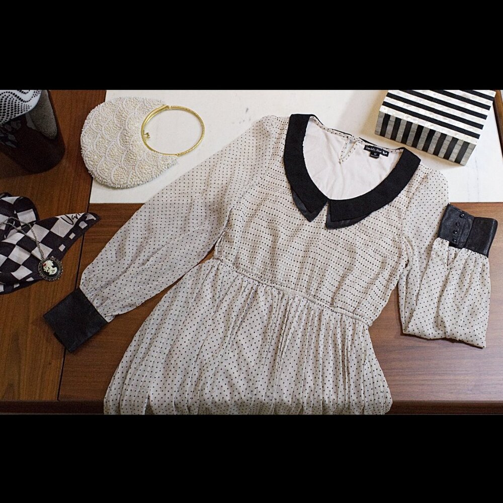 Pleated Long-Sleeve Black and White/Cream Polka Dot Fit and Flare Dress Medium - Picture 9 of 15